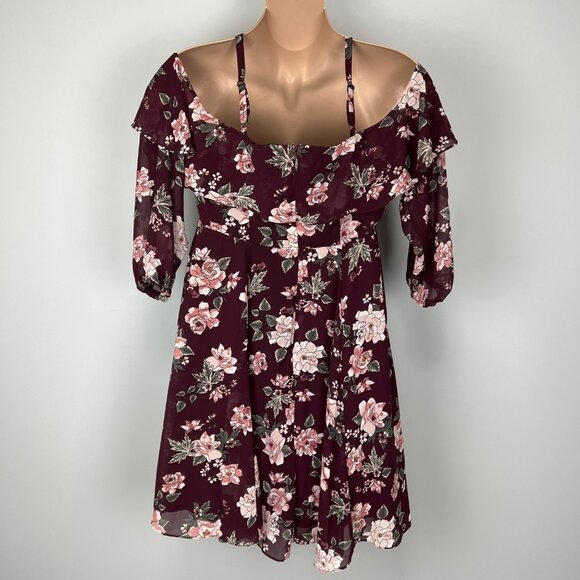 Torrid Womens Floral Cold Shoulder Skater Dress Burgundy Wine Ruffle size 14 - Picture 8 of 12